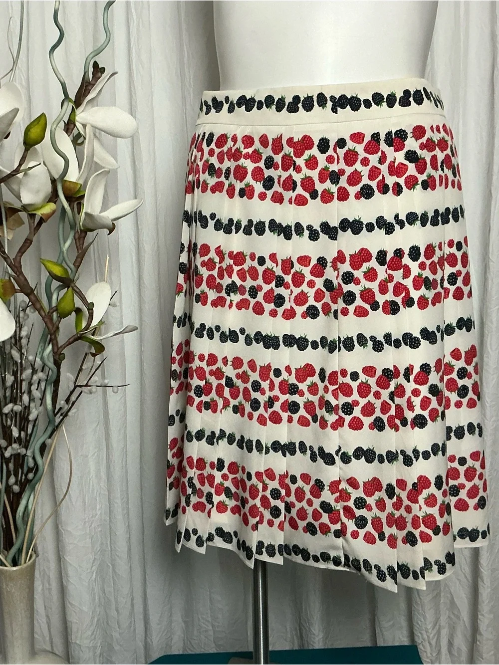 J. CREW CreamPleated Skirt with Red and Black Berry Stripe Print